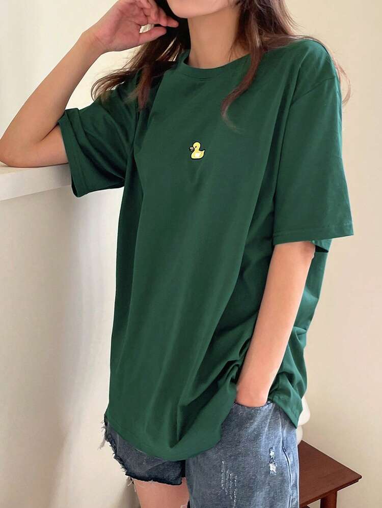 Duck Embroidery Drop Shoulder Tee Summer Oversized T-Shirt