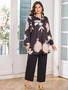 Lacomfia Women's Plus Size 2 Pieces Set, Fashionable Printed Casual Women Suit Sets Plus Size Pant Suit Women Plus Clothing Sets Blouse And Pants Set Two Piece Pant Set,Women's Fashion Casual Autumn And Winter Sexy Party Wedding Birthday Back To Work Back To School Halloween Costumes, Gifts For Mom, Women's Autumn Suits Autumn Dress Winter Women's Clothing, Autumn Women's Shirt Cardigan Two-Piece Suit, Pants Super High Stretch, Comfortable And Soft Fabric - Black - View 3