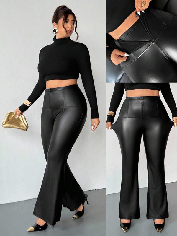 Firerie Pantalones acampanados de cintura alta con bolsillo con cremallera, de PU negro elástico. Casual y elegante, adecuado para ir al trabajo, hacer deporte, citas, conciertos, eventos, bodas, fiestas, oficina, vacaciones, cumpleaños