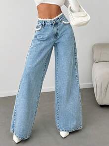 EURMUSE WOMEN DENIM WIDE LEG MID WAIST LACE BELT DETAIL JEANS - Light Wash - View 4