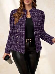 Chikora Chaqueta de mujer de talla grande con hebilla metálica y textura de tweed, elegante y versátil para uso diario, negocios, transporte, otoño e invierno - Morado - Ver 7