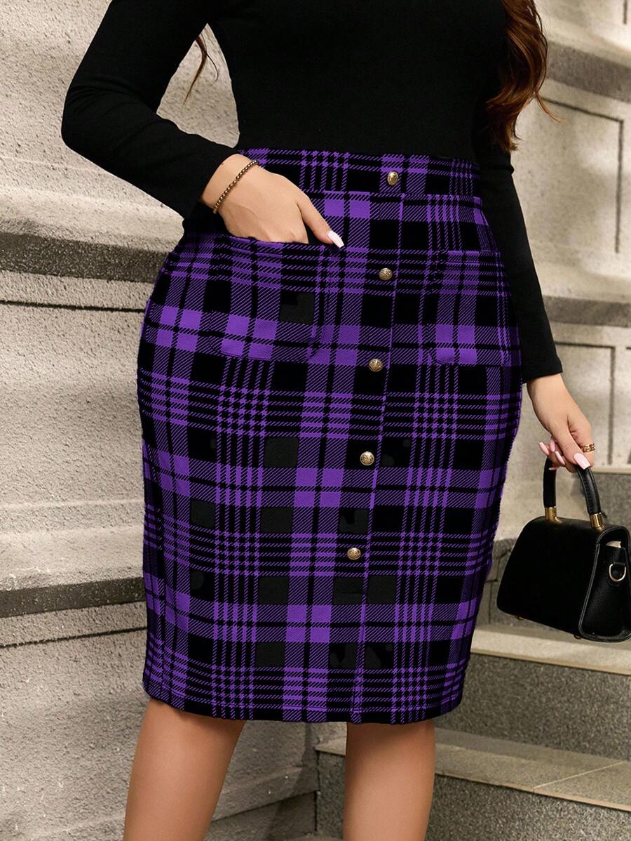 SHEIN Clasi 大码优雅通勤格子前扣修身半身裙 - 紫色 - 查看 1