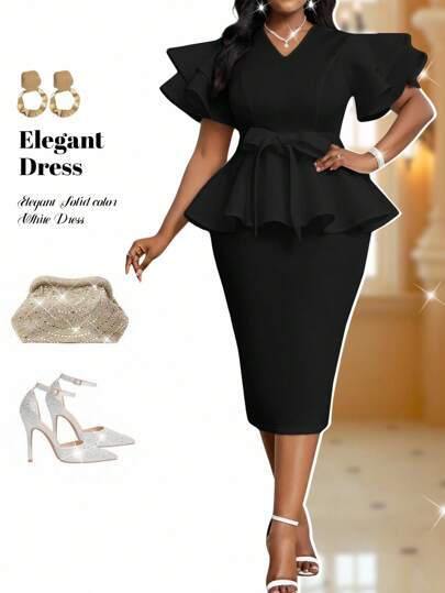 Fleurora 春夏优雅朴素派对婚礼鸡尾酒会音乐会/音乐节黑色针织 V 领荷叶边袖系带中长款无袖大码套装女士音乐会服装教堂服装女士音乐会服装女士节日服装女士优雅服装女士生日服装女士生日服装狂欢服装节日外出服装节日服装节日服装