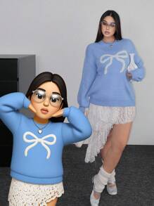 SHEIN POPSWAY Frauen Große Größen Schleifenmuster romantischer Pullover, geeignet für Herbst/Winter, Rückkehr zur Schule Saison Strickpullover Herbst - Babyblau - Übersicht 1
