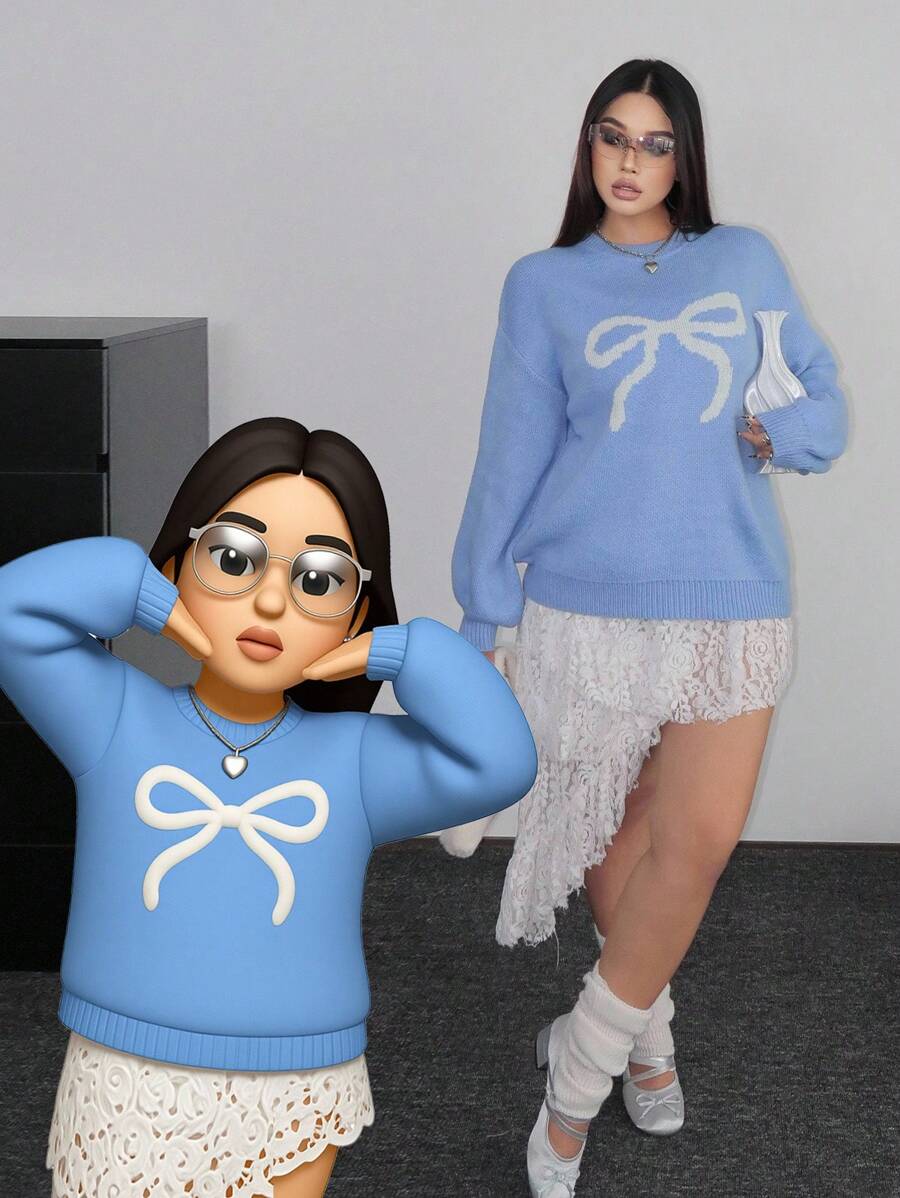 SHEIN POPSWAY Frauen Große Größen Schleifenmuster romantischer Pullover, geeignet für Herbst/Winter, Rückkehr zur Schule Saison Strickpullover Herbst - Babyblau - Übersicht 1
