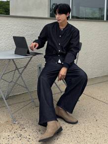 DAZY 海军蓝男士长袖单排扣棒球领夹克和裤子休闲牛仔套装，秋季