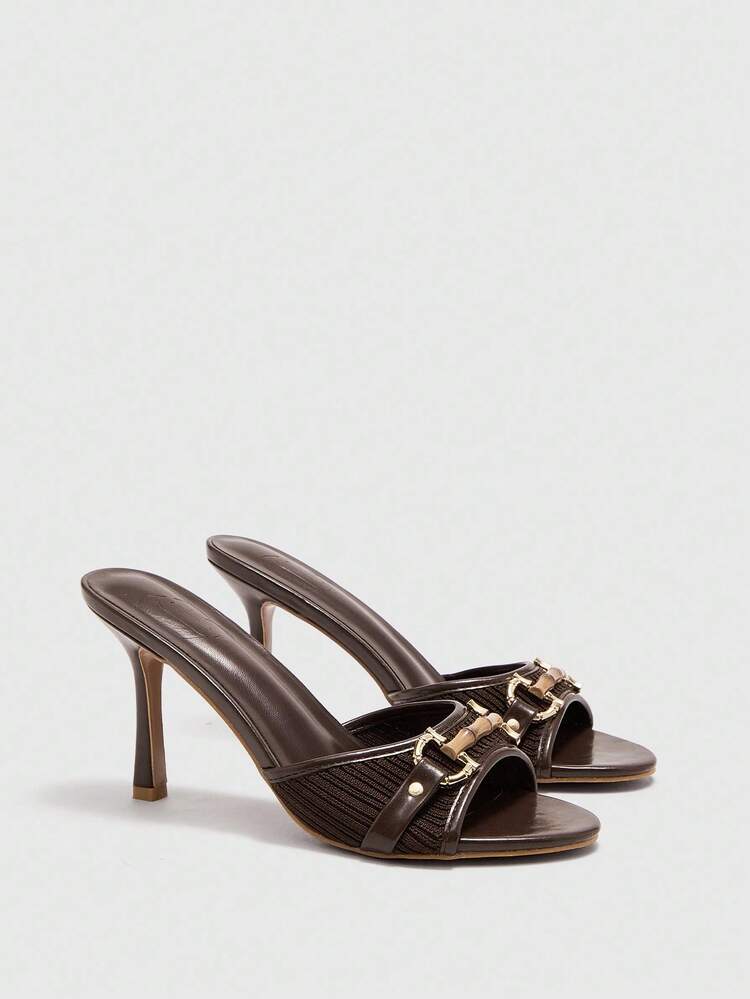 CUCCOO BIZCHIC 8.8cm Heel Height Brown PU Mixed With Gold Buckle Decor Retro Fashion Round Toe Mule High Heel Sandals For Christmas Spring Shoes Summer Shoes