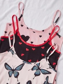 SHEIN 粉色睡衣 3 件套可爱印花女式心形和蝴蝶结印花针织吊带睡袍套装睡衣裙心形印花睡衣裙娃娃装睡衣女式夏季睡衣蝴蝶印花睡裙内衣睡衣舒适优雅细节 - 彩色 - 查看 5