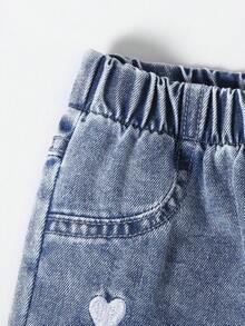 Young Girls Y2K Style New Fashion Loose Fit Heart Embroidered Washed Light Blue Straight Wide Leg Jeans, Casual Daily Versatile Girls Denim Pants - Light Wash - View 4