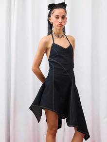 COUREZ 不对称牛仔吊带连衣裙/Y2K迷你连衣裙 可爱秋季女装 秋季外出穿搭 外出连衣裙 婚礼宾客连衣裙 约会之夜穿搭 女装 - 深色水洗藍 - 查看 2