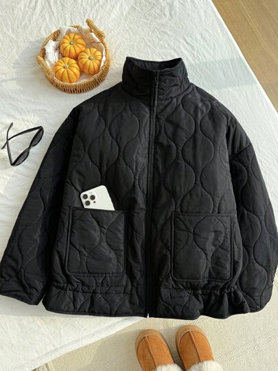 Comfortcana Plus Size Casual Solid Color Drawstring Hem Jacket, Autumn/Winter Quilted Jacket Black Jacket Fall