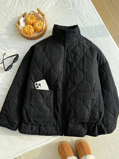 Comfortcana Plus Size Casual Solid Color Drawstring Hem Jacket, Autumn/Winter Quilted Jacket Black Jacket Fall