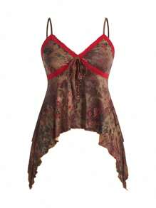 SHEIN x PRISCILA & JIMENA ROMWE PUNK Grunge Floral Print Contrast Lace Cami Top - Multicolor - View 1