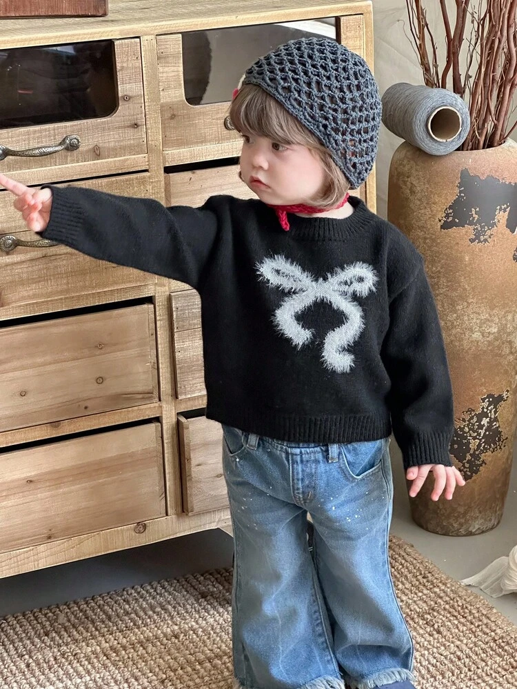Baby Girls' Sweater With Bow Decor, Korean Style Round Neck, Long Sleeve Casual Knit Sweater, Autumn/Winter Toddler Girls Clothes