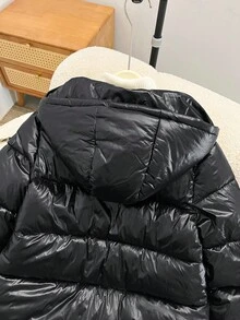 SHEIN 1pc Teen Girl Black Casual Outdoor Solid Color Thickened Hooded Long Jacket With Pockets, Autumn/Winter Fall - Black - View 8