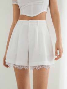 Maija Women's Solid Color Contrast Lace Pleated Casual Shorts - White - View 5