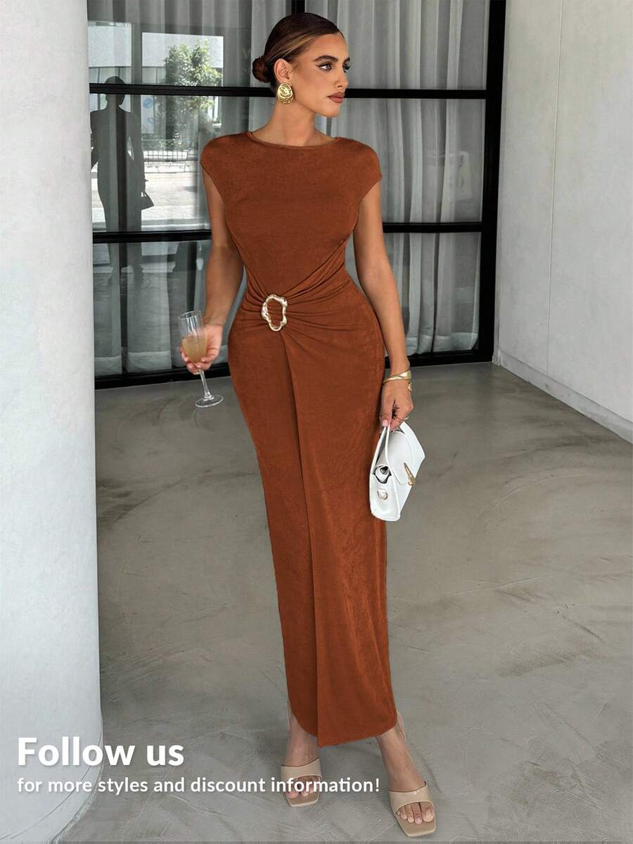 Lavishia Summer Apricot Shiny Chiffon Round Neck Short Sleeve Fashionable Metal Decor Slim Fit Dress For Women - Mocha Brown - View 1