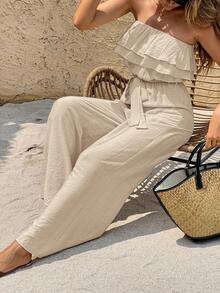 SHEIN Frenchy 女士度假休闲纯色荷叶边抹胸连体裤 - 杏色 - 查看 5