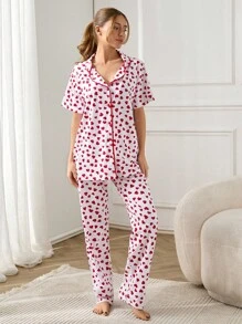RueChic Women Contrast Colour Piping Detail Buttın Front Heart Pattern Homewear PJ Set - White - View 4