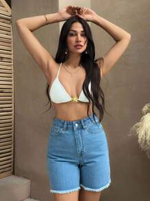 EURMUSE 女士高腰短款刺绣草莓 - 淺色水洗藍 - 查看 2