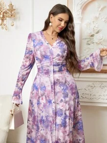 SHEIN Clasi Curvy Plus Size 女式紫色优雅花卉印花高弹力网眼印花长袖荷叶边袖腰长裙，2025 年新款，加大码优雅浪漫花卉印花 V 领宽松喇叭袖连衣裙 - 紫色 - 查看 6