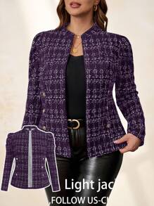 Chikora Chaqueta de mujer de talla grande con hebilla metálica y textura de tweed, elegante y versátil para uso diario, negocios, transporte, otoño e invierno - Morado - Ver 2