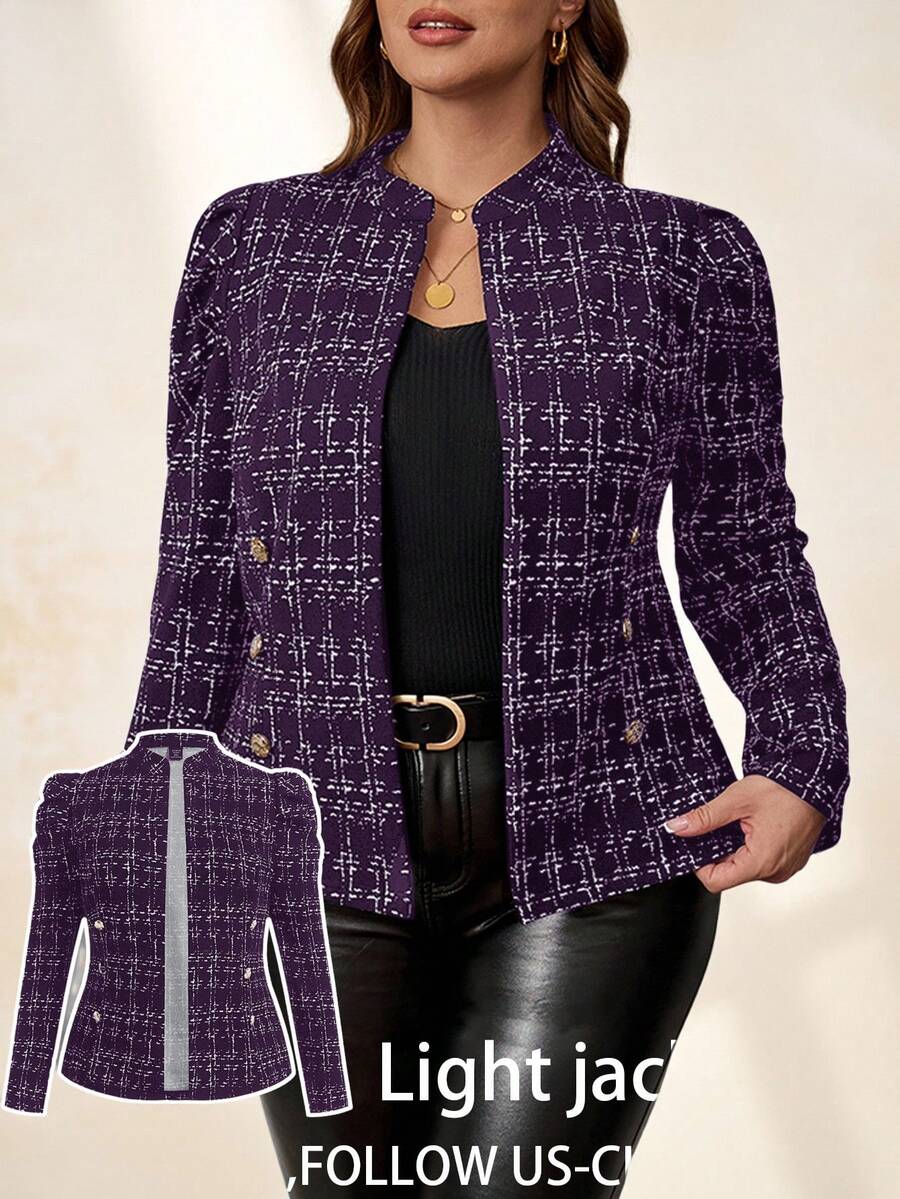 Chikora Chaqueta de mujer de talla grande con hebilla metálica y textura de tweed, elegante y versátil para uso diario, negocios, transporte, otoño e invierno