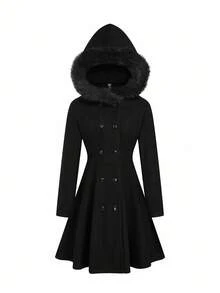 SHEIN Sweetro 秋冬大码休闲纯色双排扣连帽夹克 - 黑色 - 查看 8