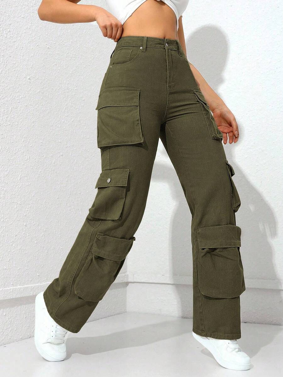 Jeanoix Women's Multi-Pocket Straight Leg Casual Jeans - Army Green - View 1