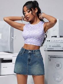 SHEIN PETITE 女式口袋磨边休闲短款牛仔迷你裙 - 藍色 - 查看 3