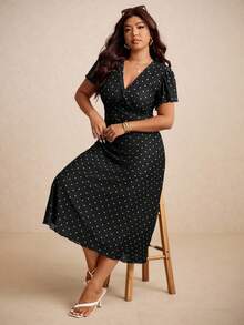 Elaquor Váy maxi chấm bi cổ chữ V xoắn lãng mạn tối giản cổ điển cỡ lớn dành cho nữ, mùa hè - màu đen - Xem 6