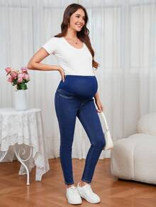 GentleRue Maternity Maternity Solid Color Patchwork Elastic Comfortable Casual Versatile Slim Fit Jeans - Dark Wash - View 4