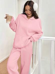 SHEIN EZwear 2pcs/Set Women Casual Thermal Lined Hoodie Sweatshirt And Pants, Pink, Autumn/Winter - Pink - View 7