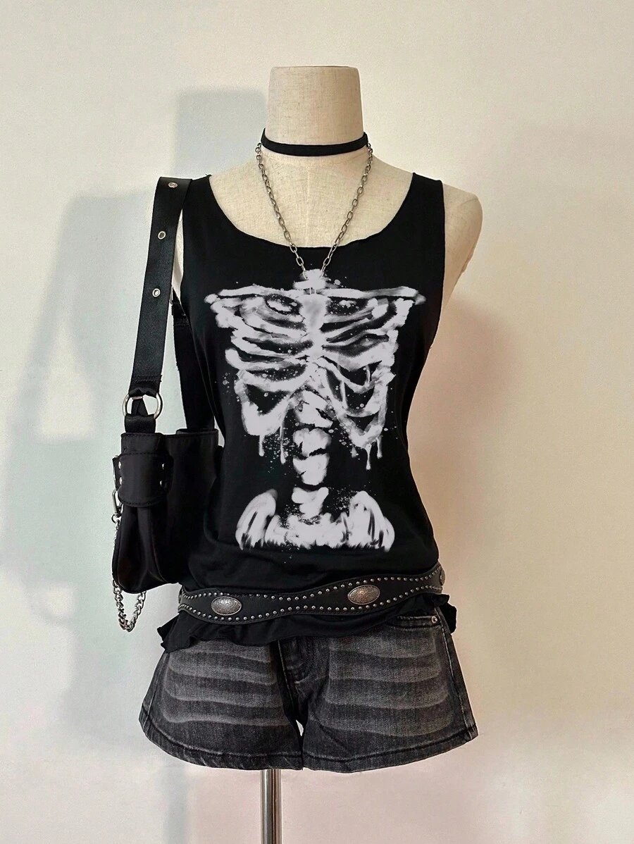 Attitoon 复古街头风格水墨水彩骷髅骨头印花女式背心 - 黑色 - 查看 1