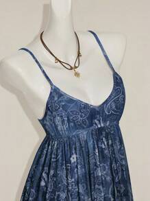 SHEIN ICON Vestido casual de vacaciones con estampado de paisley, de corte holgado, con tirantes de espagueti y malla, en estilo vintage bohemio hippie Y2K - Azul - Ver 6