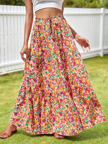 KARISMINA Allover Floral Print Ruffle Hem Skirt,For Summer Vacation,Women Summer Clothing