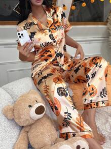 SHEIN 万圣节主题印花仿丝短袖睡衣套装 - 黃色 - 查看 5