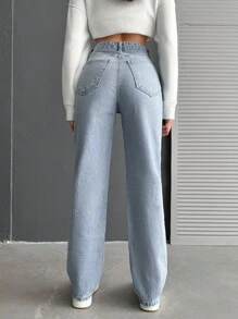 EURMUSE 100%Cotton High Waist Straight Leg Jeans - Blue - View 2