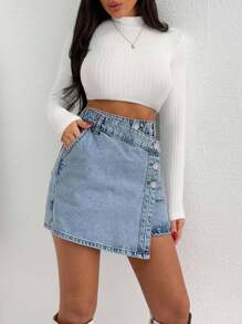 EURMUSE WOMEN MINI SKIRT MEDIUM WASH BUTTON DETAIL - Light Wash - View 3