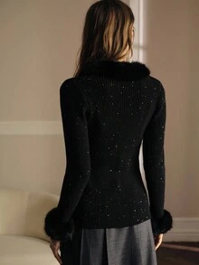 MOTF PREMIUM CONTRAST SEQUIN FAUX FUR TRIM CARDIGAN FOR AUTUMN & WINTER - Dark Grey - View 4