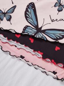 SHEIN 粉色睡衣 3 件套可爱印花女式心形和蝴蝶结印花针织吊带睡袍套装睡衣裙心形印花睡衣裙娃娃装睡衣女式夏季睡衣蝴蝶印花睡裙内衣睡衣舒适优雅细节 - 彩色 - 查看 3