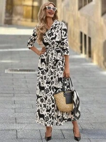 SHEIN Clasi 女式衬衫式超长连衣裙，黑色剪影印花，秋季休闲长袖连衣裙 - 黑與白 - 查看 7