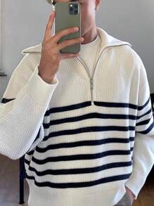 SHEIN 儿童/青少年男童休闲翻领半拉链长袖针织毛衣 - 白色 - 查看 2
