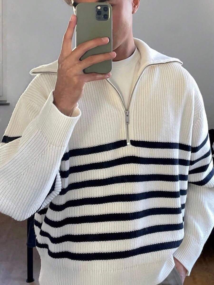 SHEIN 儿童/青少年男童休闲翻领半拉链长袖针织毛衣