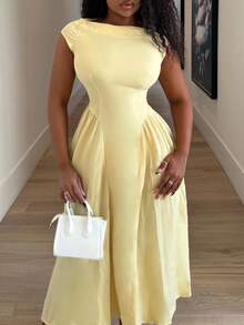 Alexandranx 女士优雅日常时尚新款度假灯笼袖收腰 A 字中长连衣裙，黄色 - 淡黃色 - 查看 4