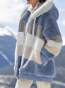 INAWLY Plus Size Women Loose Casual Fluffy Color Block Hooded Jacket, Autumn/Winter Fall - Blue - View 3