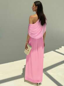 Aloruh New Draped Shoulder Ruched Decor Slim Fit Extra Long Flowy Maxi Party Vacation Versatile Lightweight Dress - Baby Pink - View 4