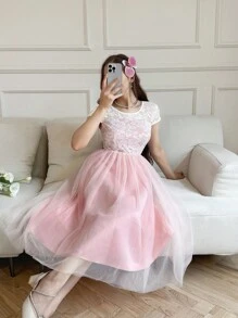 SHEIN 优雅白色蕾丝和网眼拼接无袖连衣裙，适合少女，公主风格，夏季 - 粉色 - 查看 3