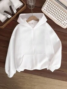 SHEIN Tween Girls' Casual Street Graphic Racing Print White Long Sleeve Zip-Up Sweatshirt With Pockets, Suitable For Autumn/Winter Fall - White - View 6