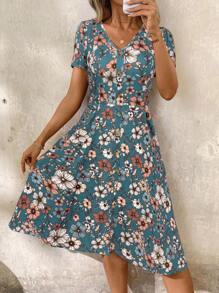 SHEIN Clasi V-Neck Button Red Floral Print Waist Cinched Women Dress,Spring Dress,Valentine Day Dress,Casual - Dusty Blue - View 5